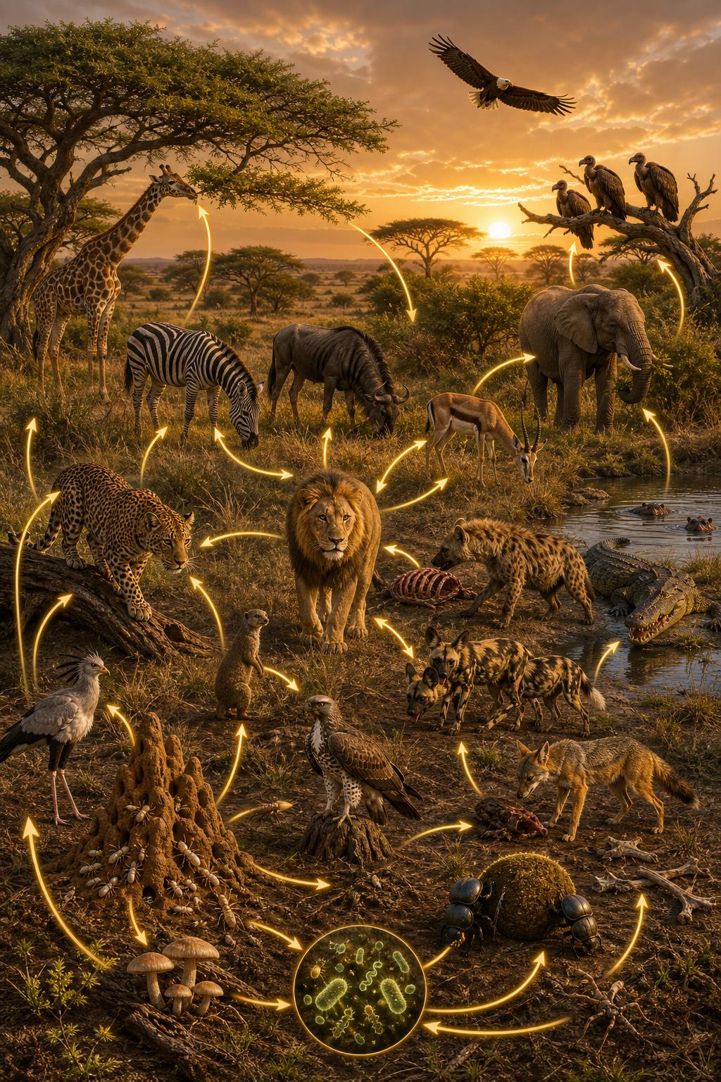 3D savanna ecosystem diorama showing producers, herbivores, predators, decomposers, and gold energy-flow arrows