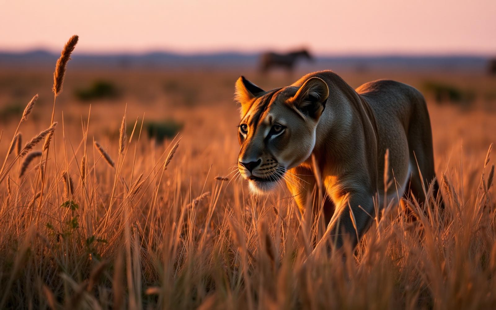 Lioness stalking in tall grass